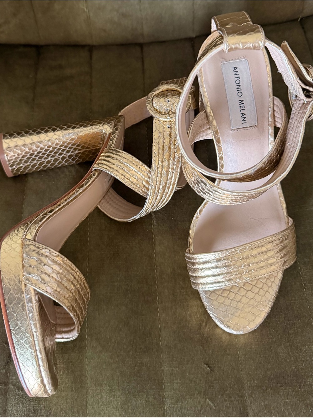 ANTONIO MELANI Metallic Gold Textured Block Heel Sandals with Ankle Strap